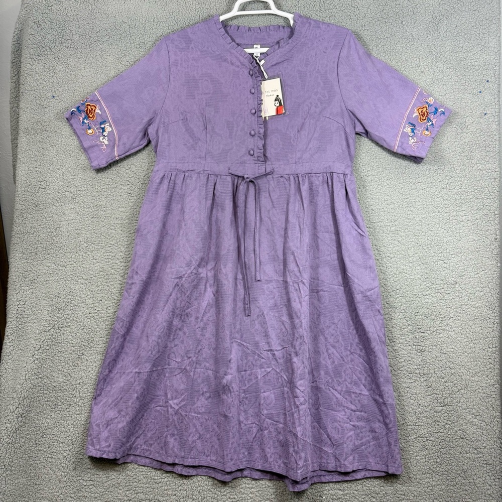 Womens 2XL Elegant Purple Chinese Jacquard Dress V-neck Cotton Linen Embroidered